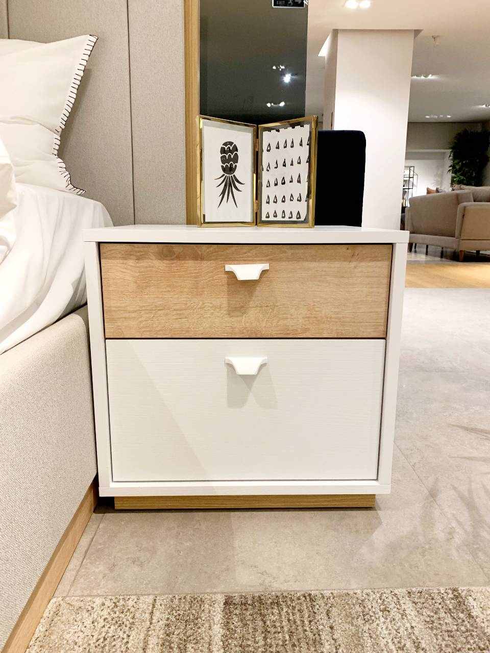 white bedside table with two drawers