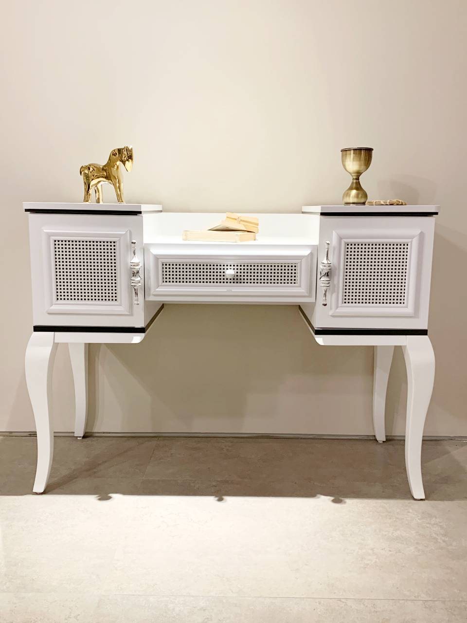 white sideboard with gourgeous black details