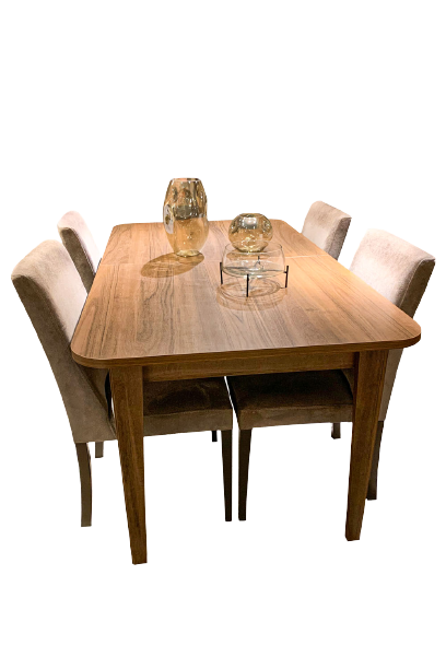 brown wooden dining table with round corners and four velvet beige chairs